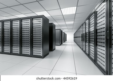 3D-Darstellung eines Serverraums mit schwarzen Servern