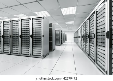 3d Rendering Of A Server Room With White Servers