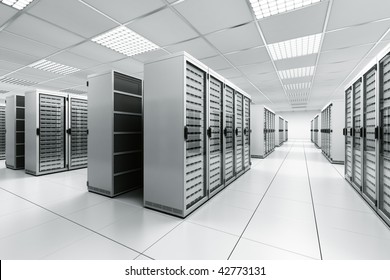 3d Rendering Of A Server Room With White Servers