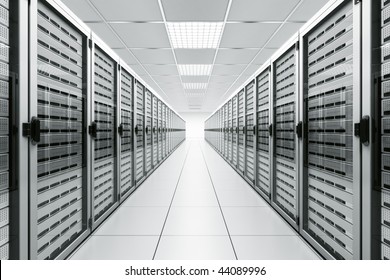 3D-Darstellung eines Serverraums mit weißen Servern