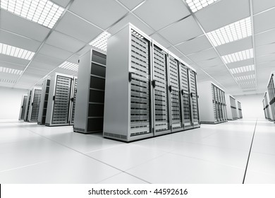 3d Rendering Of A Server Room With White Servers