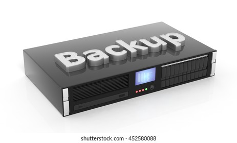3D rendering of server storage rack with Backup text , isolated on white background.