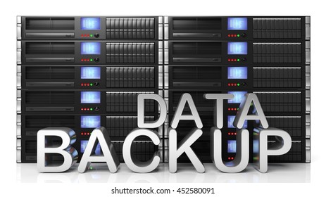 3D rendering of server storage racks with Data Backup text , isolated on white background.