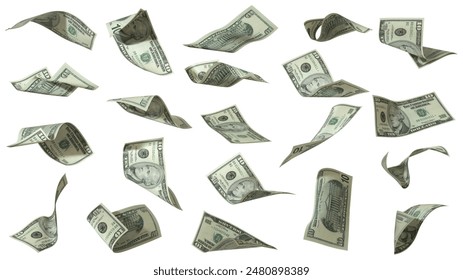 3D rendering of Set of 10 US dollar notes flying in different angles and orientations isolated on white background. currency of United states