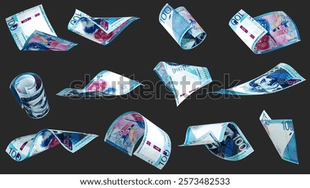 3D rendering of Set of 100 Peruvian soles notes flying in different angles and orientations isolated on dark background. currency of Peru
