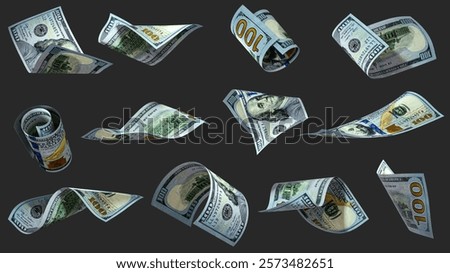3D rendering of Set of 100 US dollar notes flying in different angles and orientations isolated on dark background. currency of United states
