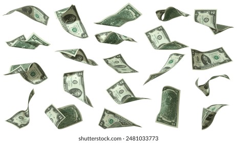 3D rendering of Set of 2 US dollar notes flying in different angles and orientations isolated on white background. currency of United states