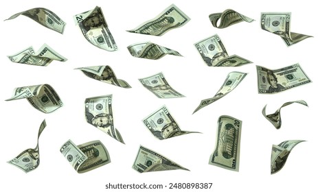 3D rendering of Set of 20 US dollar notes flying in different angles and orientations isolated on white background. currency of United states