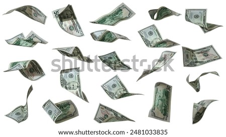 3D rendering of Set of 50 US dollar notes flying in different angles and orientations isolated on white background. currency of United states