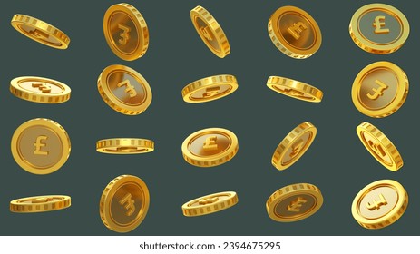 3D rendering of set of abstract golden British Pound coins concept in different angles. Pound sign on golden coin isolated on dark background