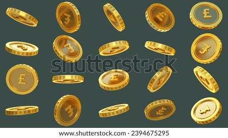 3D rendering of set of abstract golden British Pound coins concept in different angles. Pound sign on golden coin isolated on dark background