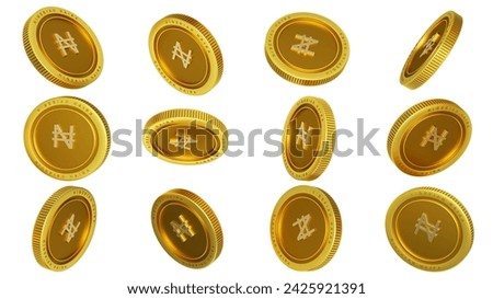 3D rendering of set of abstract golden Nigerian Naira coins concept in different angles. Naira sign on golden coin isolated on white background