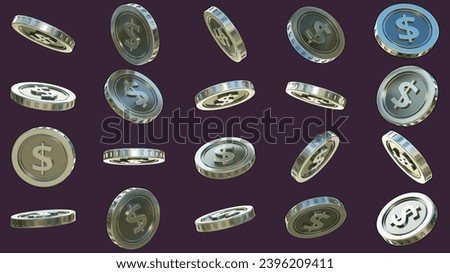 3D rendering of set of abstract silvery Us dollar coins concept in different angles. dollar sign on silver coin isolated on plain background