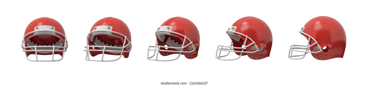 3d Rendering Set Of American Football Helmets In Red Color Isolated On White Background. Athletic Career. Sport Equipment. Head Protection.