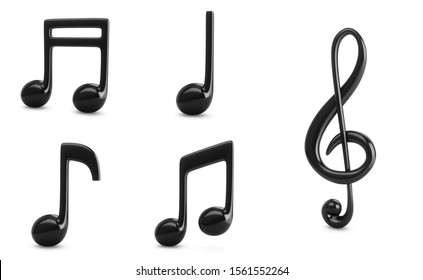  3d Rendering Set Black Music Notes Isolated On White Background