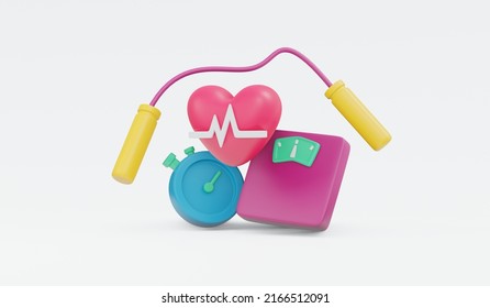 3D Rendering set of cardio exercise icon heart rate scale timer jump rope concept of workout to lose weight isolated on white background. 3D Render illustration cartoon style. - Powered by Shutterstock