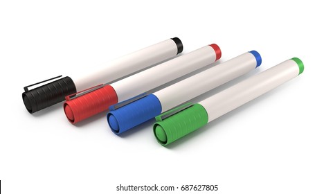3D rendering - set of colorful whiteboard markers isolated on white background.