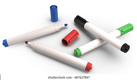 3D Rendering - Set Of Colorful Whiteboard Markers Isolated On White Background.