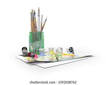 3d rendering set for drawing with paints on white background with shadow