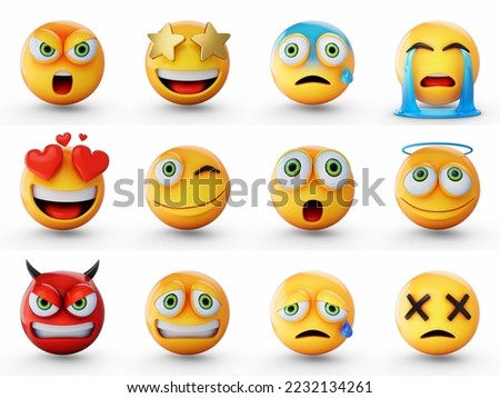 3D Rendering set of emoji isolated on white background