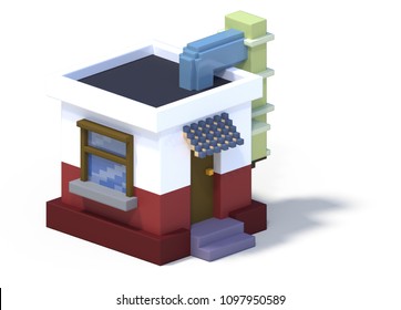 3d Rendering Set Of Flat Isometric Block Buildings Infographic Concept. Custom City Map Builder. Isolated On White Background With Shadow. House Icon Collection. Pixel Art. Maintenance Building
