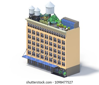 3d Rendering Set Of Flat Isometric Block Buildings Infographic Concept. Custom City Map Builder. Isolated On White Background With Shadow. House Icon Collection. Pixel Art. Typical New York Building