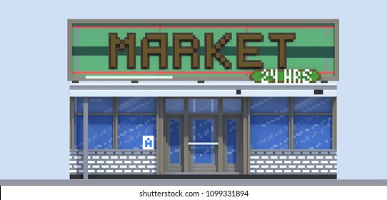 3d Rendering Set Of Flat Isometric Block Buildings Infographic Concept. Custom City Street Builder. House Icon Collection. Building Facade Front View. Pixel Art. Supermarket, Convenience Store