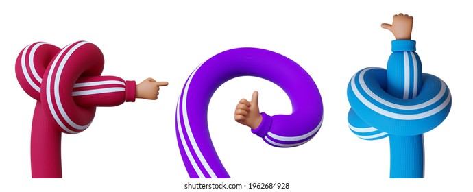 3d Rendering, Set Of Funny Cartoon Character Hands, Colorful Clip Art Isolated On White Background. Thumb Up Like. Assorted Gestures