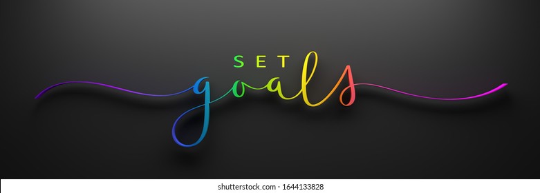 3D rendering of SET GOALS rainbow-colored brush calligraphy banner on dark background