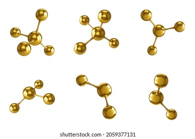 3D Rendering Set Of Golden Atom Molecule Structure Isolated On White Background