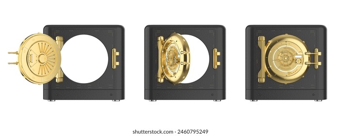 Conjunto de renderizado 3d de bóvedas de banco dorado abierto y puerta cerrada aislado en blanco