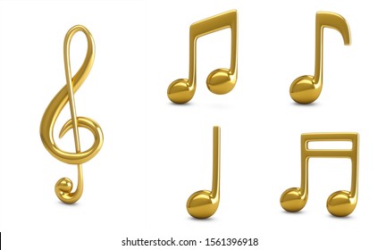 3d Rendering Set Golden Music Notes isolated white background