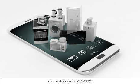 3d Rendering Set Of Home Appliances On A Smart Phone