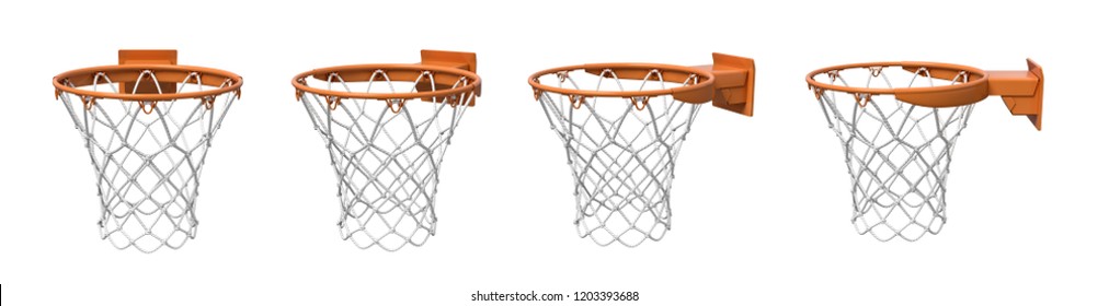 3d Rendering Of A Set Made Of Four Basketball Baskets With Orange Loop And Fixing Bracket. Empty Basket. Zero Points. Losing Game.