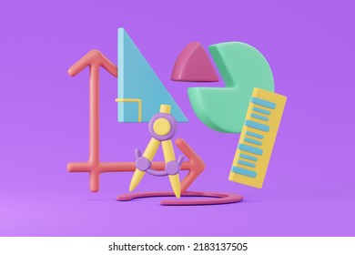 3D Rendering Set Of Math Tool Symbol On Background. 3d Render Illustration Cartoon Style.