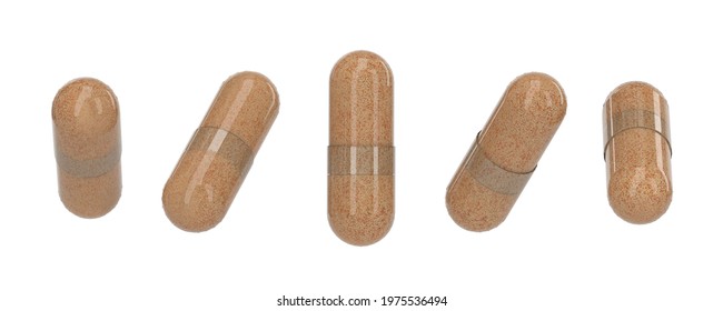 3d rendering set of pills. Transparent pills with natural ingredients powder. Powder capsules on white background. Herbal pills view from different perspectives.
