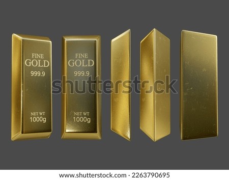 3d rendering set of pure fine gold clean and shiny perspective view