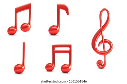 3d Rendering Set Red Music Notes isolated white background