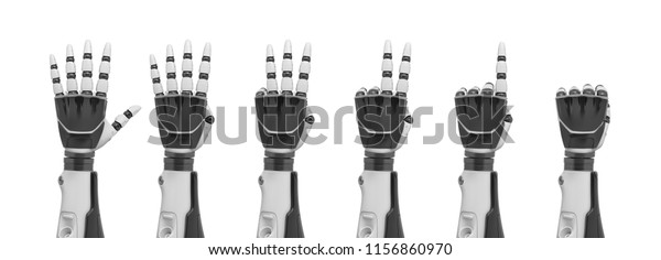 拳から数本の指が突き出ているまで 後ろから見えるロボットの手のセットの3dレンダリング 0から5 計算と数 ロボットの評価 のイラスト素材