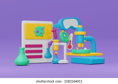 3D Rendering of set of science lab items back to school cute element on background. 3d render illustration cartoon style.