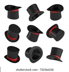 3d rendering of a set of several black magician's hats with one red stripe in different views. Wizard's hat. Magicians and artists. Illusionist's show.