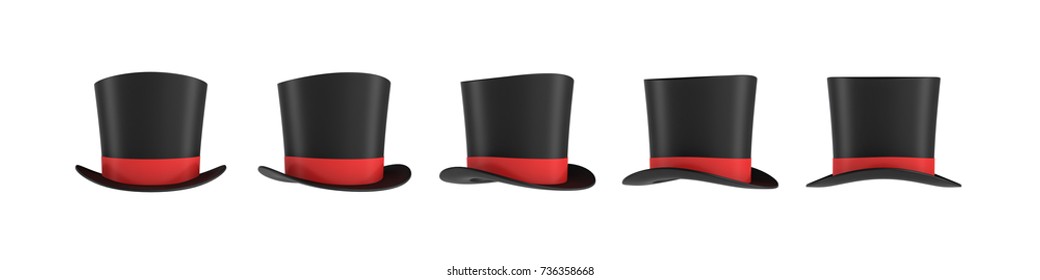 3d rendering of a set of several black magician's hats with one red stripe in different side views. Wizard's hat. Magicians and artists. Illusionist's show.