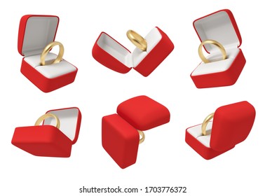 3d Rendering Of Set Of Six Open Red Boxes With Gold Rings, Shown From Different Angles, Isolated On White Background. Gold Jewelry. Luxury Brands. Luxurious Items.