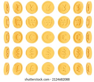 3D Rendering set of spinning gold coins in many views rotate in different angles with currency won, pound, dollar, yuan, and euro isolated on white background. 3D Render. 3d illustration. 