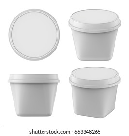 3D Rendering Set Of Square Food Plastic Tub Bucket, Container For Dessert, Yogurt, Ice Cream, Sour Cream Or Snack