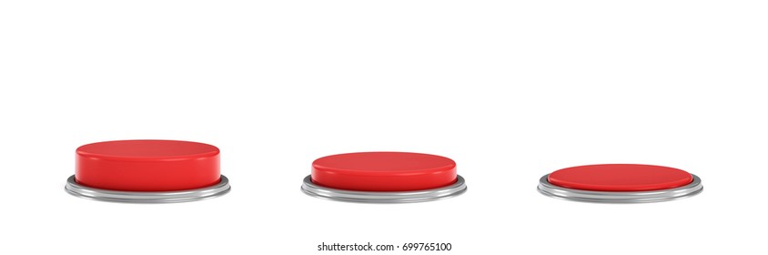 3d Rendering Of A Set Of Three Red Round Buttons In Different Stages Of Being Pushed Down. Machine Controls. Red Switch. Security Button.