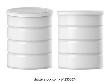 3D Rendering Set Of White Tin Can With Plastic Cap For Baby Powder Milk, Instant Coffee, Cereal