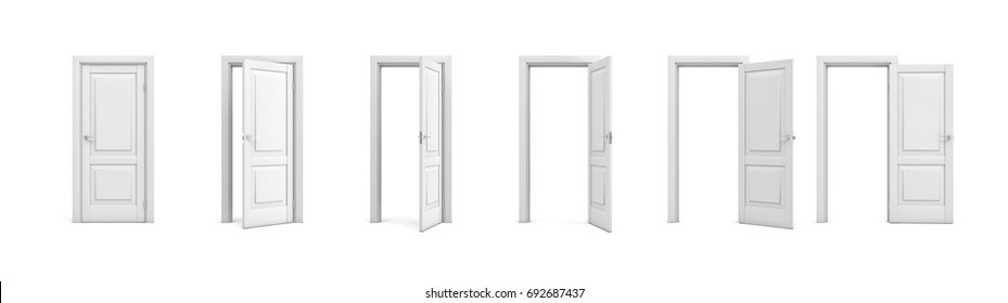 3d рендеринг набор белых деревянных дверей на разных этапах открытия. Вход и дверные проемы. Внутренний интерьер. Закрытый и открытый путь.