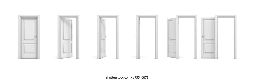 3d rendering set of white wooden doors in different stages of opening. Entrance and doorways. Indoor interior. Closed and open way.