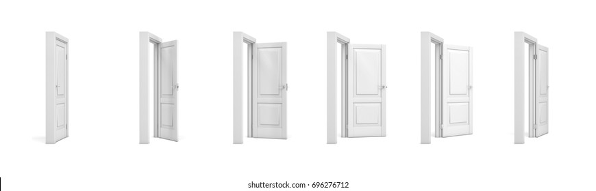 3d rendering set of white wooden doors in different stages of opening. Entrance and doorways. Indoor interior. Closed and open way.